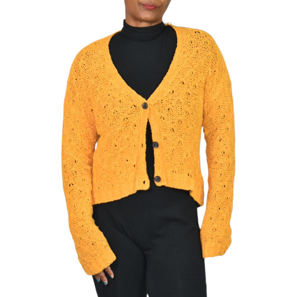 American Eagle Cropped Cardigan Sweater Yellow Slouchy Crochet Knit Boxy XS - Picture 13 of 13